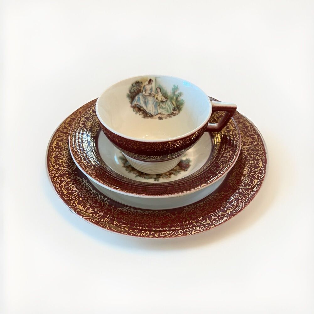 Vintage Sebring Pottery Serenade Cup Plate and Saucer Maroon Gold Set